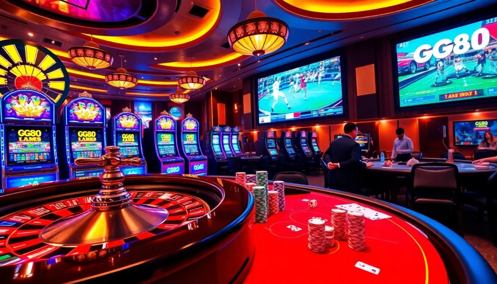 Players enjoying high-stakes games at GG88 casino tables in a vibrant gambling atmosphere.