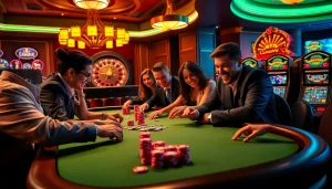 Players winning at the luxurious win678 casino poker table amidst glowing excitement.