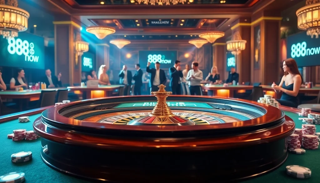 Players engaging at a roulette table in an elegant 888now casino atmosphere, capturing excitement and strategy.