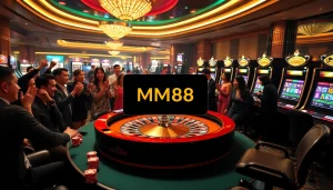 Experience the thrill of MM88 at an upscale casino with poker chips and roulette tables.