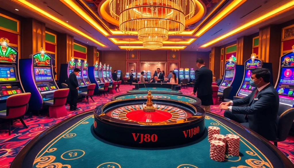 Experience the excitement of VJ88 casino with vibrant gaming tables and luxurious poker chips.