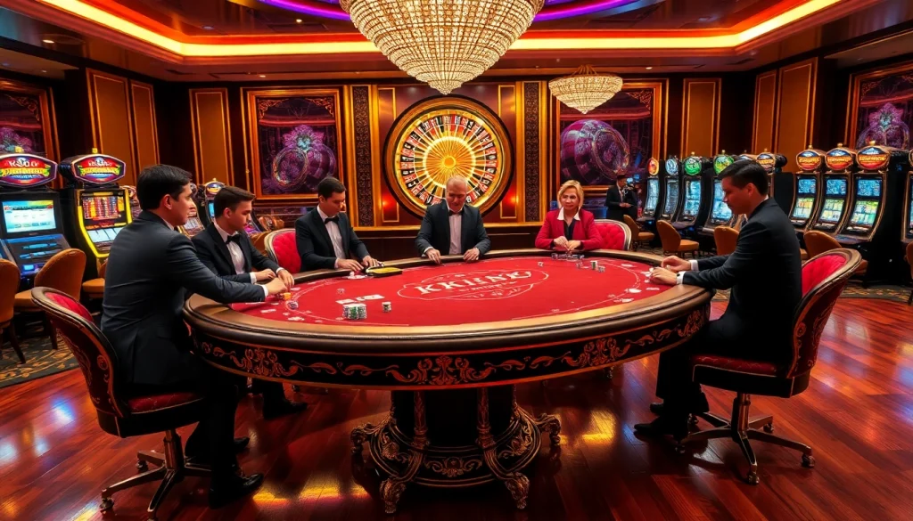 Experience KJC gaming excitement at a luxurious poker table with vibrant casino elements.