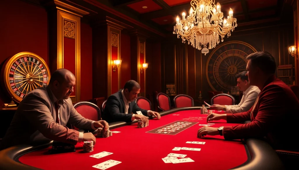 KJC gamblers engage intensely at a high-stakes poker table in a luxurious casino.