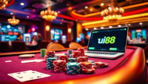Engage with the excitement of uu88's casino atmosphere, featuring poker chips and digital betting.
