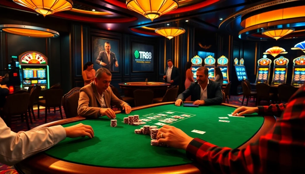 Engage in an exciting TR88 poker game at a lavish casino table surrounded by vibrant slot machines.