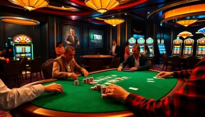 Engage in an exciting TR88 poker game at a lavish casino table surrounded by vibrant slot machines.