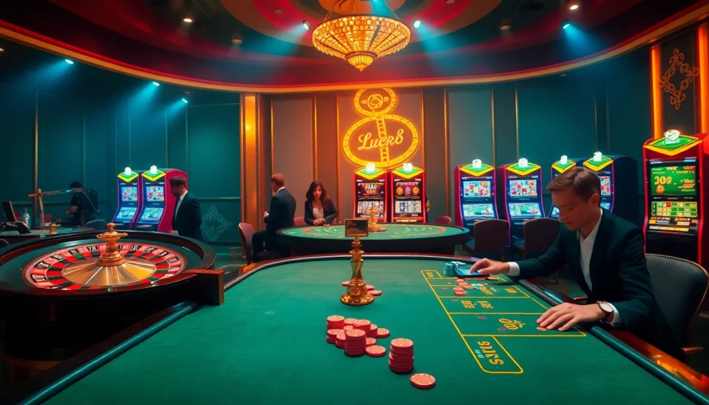 Captivating scene of Luck8 casino with Roulette wheel and poker players immersed in action.