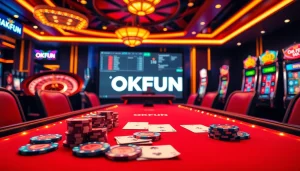 Experience the thrill of high-stakes poker at an OKFUN casino table with vibrant players and luxurious decor.