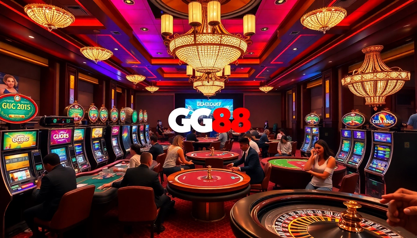 Engaging gamblers enjoying GG88 experience at luxurious casino with lively games.