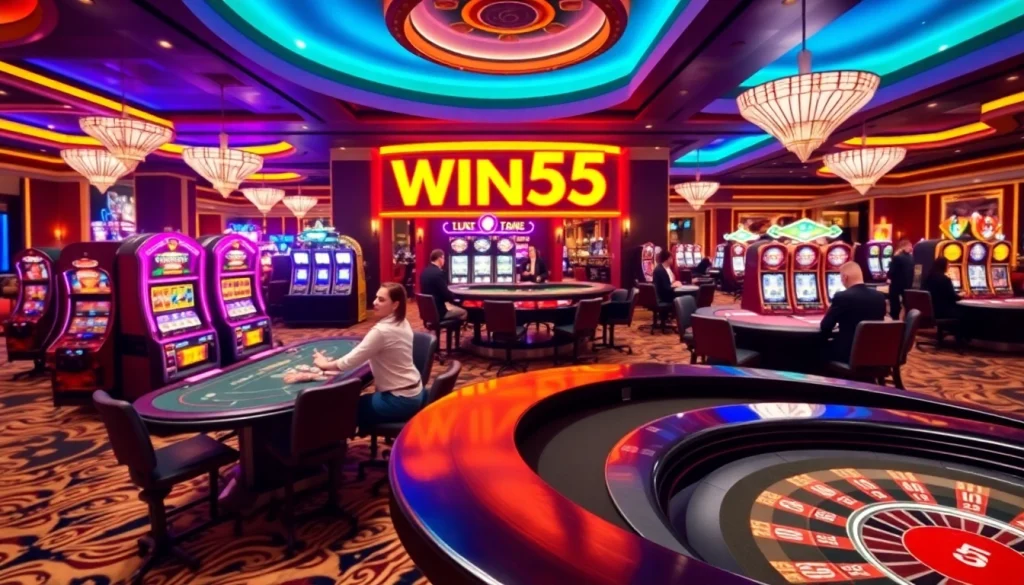 Win55 players enjoying a vibrant online casino experience with poker tables and slot machines.