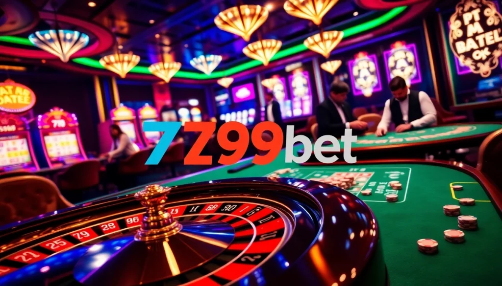 Experience the excitement of 789bet with poker chips and roulette wheels in a vibrant casino setting.