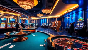Experience the excitement of gambling at https://f168.blue/ with a vibrant, luxurious casino scene featuring poker tables, roulette, and slot machines.