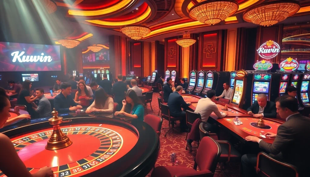 Kuwin features a luxurious casino scene with engaged players at tables and colorful slot machines.