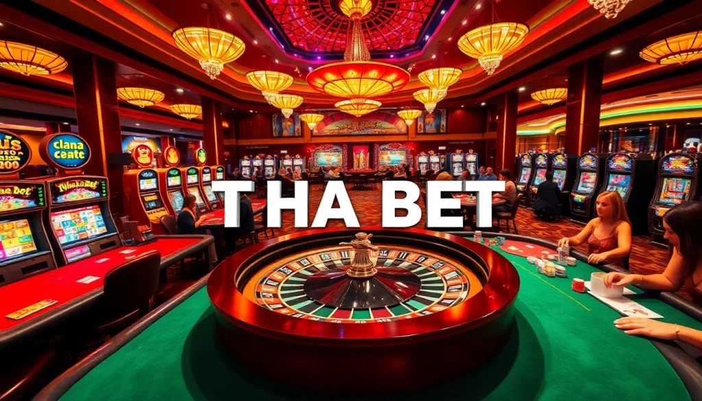 Join the thrill of THA BET at a luxurious casino featuring vibrant gaming tables and lively players.