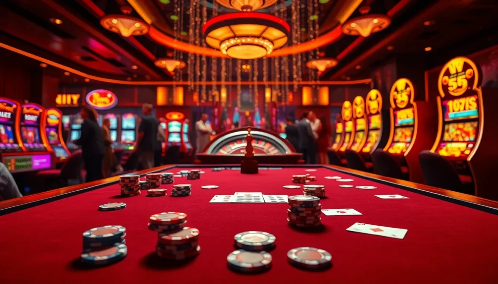 Experience the excitement of rr99 with vibrant casino tables, poker chips, and slot machines.