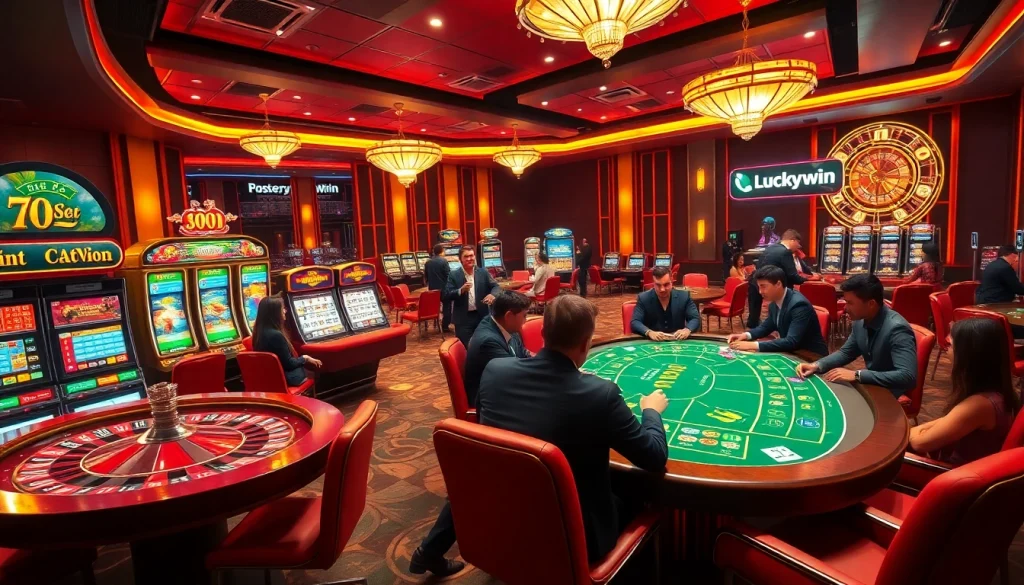 Players engaging in online gambling at Luckywin with a roulette wheel and vibrant slot machines.