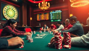 Experience excitement at HITCLUB's vibrant casino scene with poker players and a glowing roulette wheel.