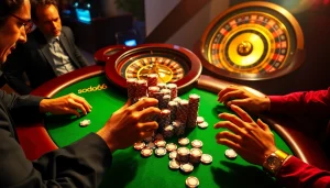 Sodo66 poker players strategically analyzing chips and hands in a luxurious casino setup.