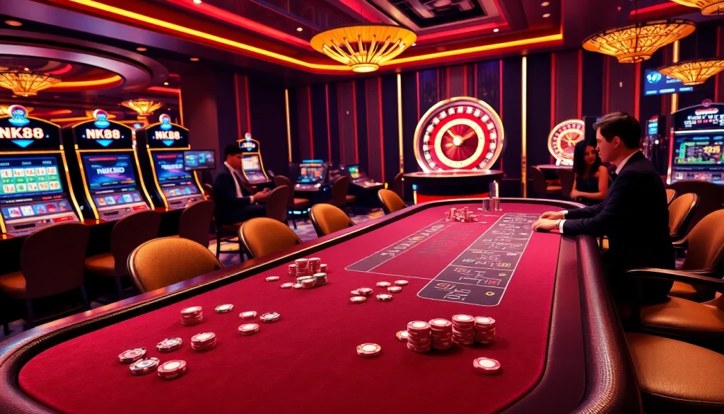 Engaged players enjoying a vibrant casino atmosphere with NK88 gaming elements, including blackjack and roulette.