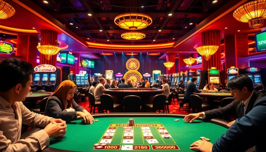 Experience the excitement of lc88 at a lively casino, featuring a poker table and vibrant gaming atmosphere.