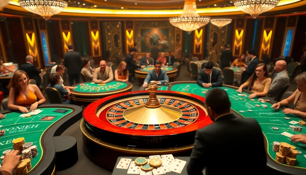 VJ88 casino scene showcasing a vibrant roulette wheel and engaged gamblers amidst luxurious decor.