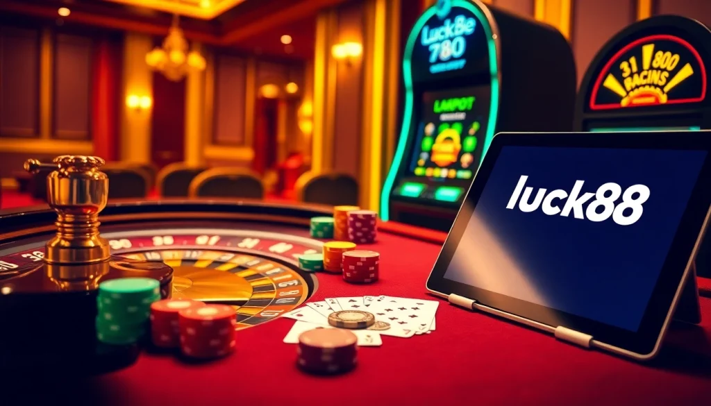 Experience the thrill of luck88 as players engage at a luxurious casino table with vibrant chips and cards.