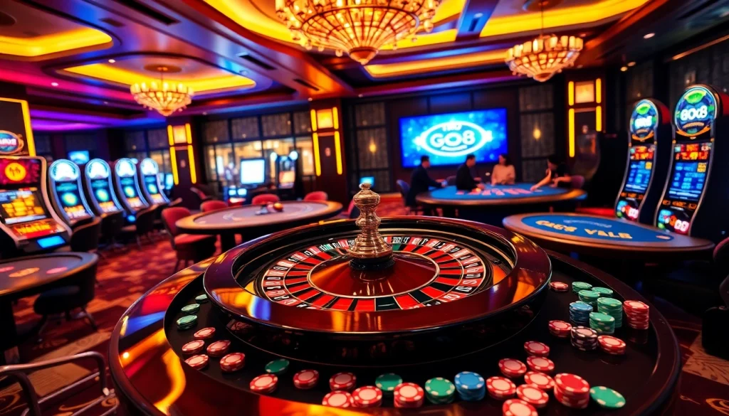Engaging scene of luxury casino gaming with players and "go8 đăng nhập" visible on a digital interface.