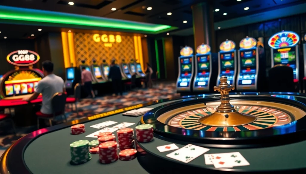 Experience GG88's modern casino vibe with exciting gaming tables and vibrant slot machines.
