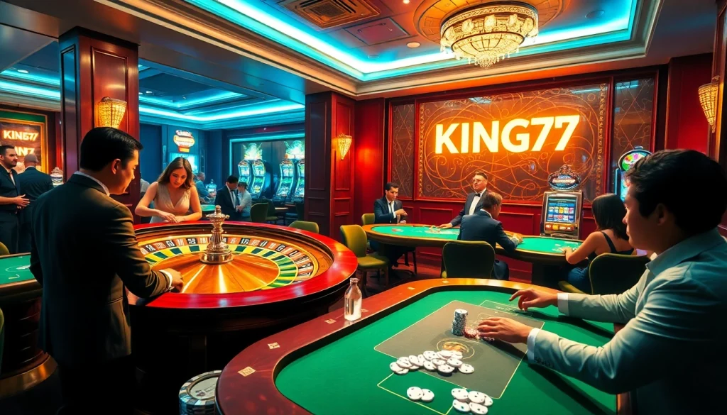 Experience thrilling gameplay at King79 casino, featuring vibrant tables, chips, and lively players.