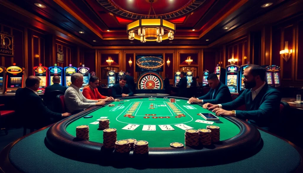 Exciting gaming scene at luck8 casino featuring a glamorous poker table with vibrant poker chips.