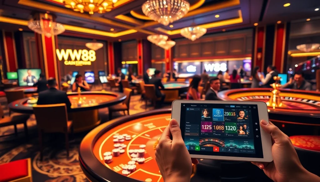 WW88 players engaging in dynamic casino action with vibrant gaming tables and digital interfaces.