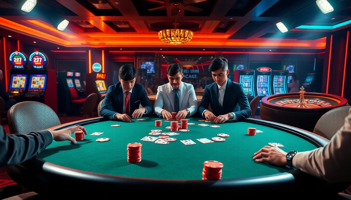 Excited players enjoy poker at 789club's luxurious casino setting, complete with vibrant chips and cards.