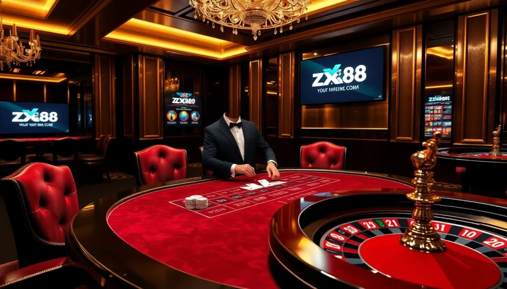 Experience the excitement of zx88 com with vibrant casino action, cards, and chips at a stylish gaming table.