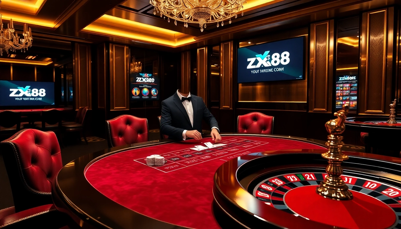 Experience the excitement of zx88 com with vibrant casino action, cards, and chips at a stylish gaming table.