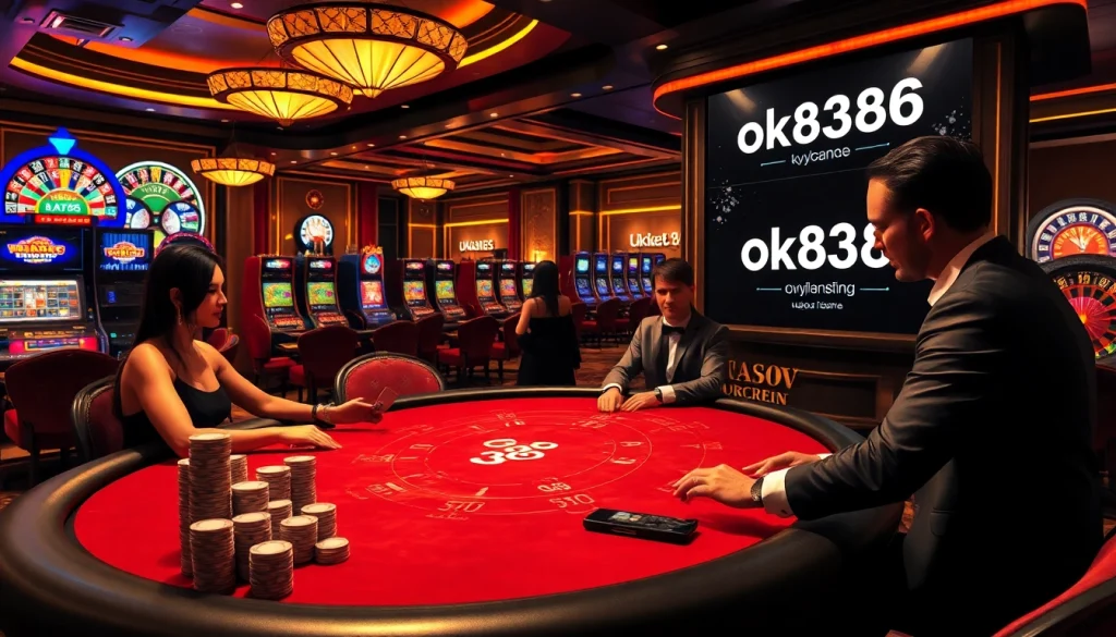 Players at a high-stakes poker table in a luxurious casino setting featuring ok8386, with vibrant slot machines and roulette wheels.
