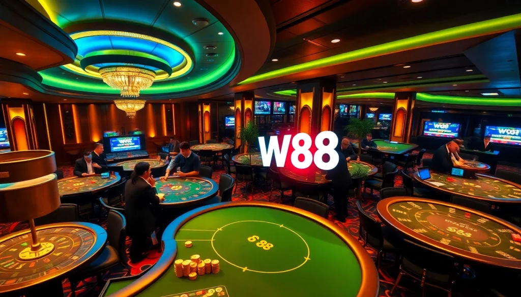 WW88 players enjoying a vibrant online casino experience with poker chips and gaming tables.