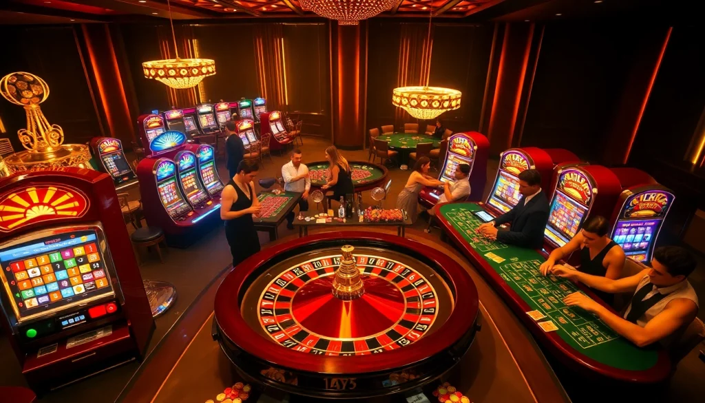 Players enjoying a thrilling game at Luck8 casino, highlighting high-stakes poker and vibrant slot machines.