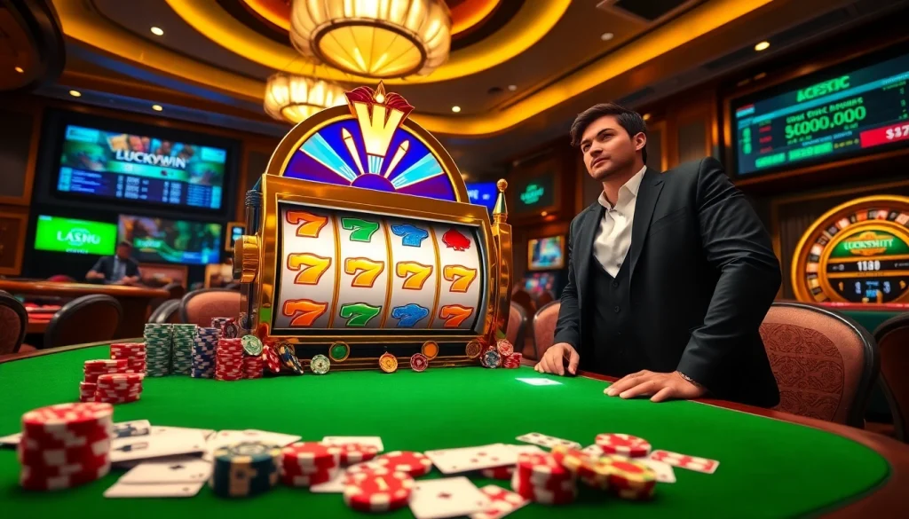 Experience the thrill of playing Luckywin on an extravagant casino floor with vibrant slot machines and poker chips.