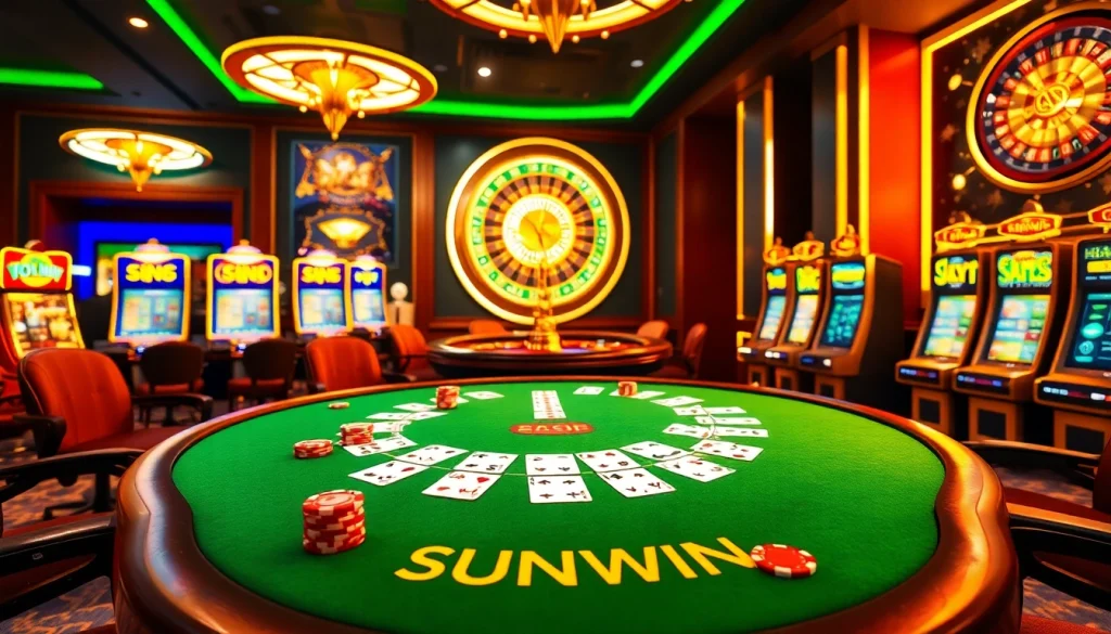 Players engaging with the SUNWIN gaming table featuring vibrant poker chips and dynamic slot machines.