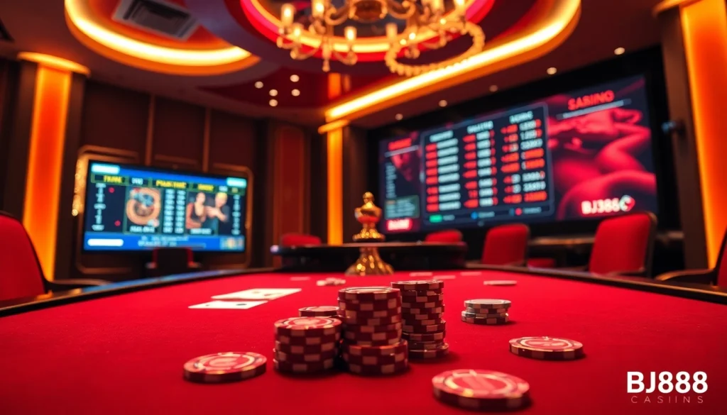 BJ88 casino scene showcasing vibrant gaming tables and sleek betting interfaces for an exciting online gambling experience.