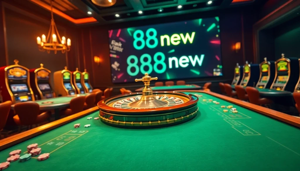 Experience the excitement of 888new with a vibrant casino scene showcasing roulette and poker.