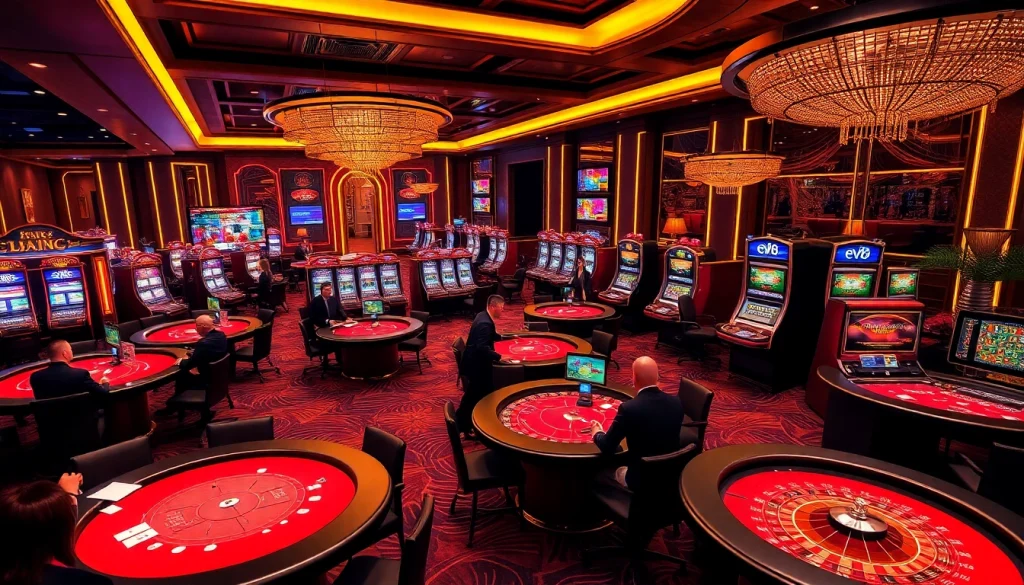 Exciting game play at ev88 casino, showcasing vibrant poker tables and slot machines.