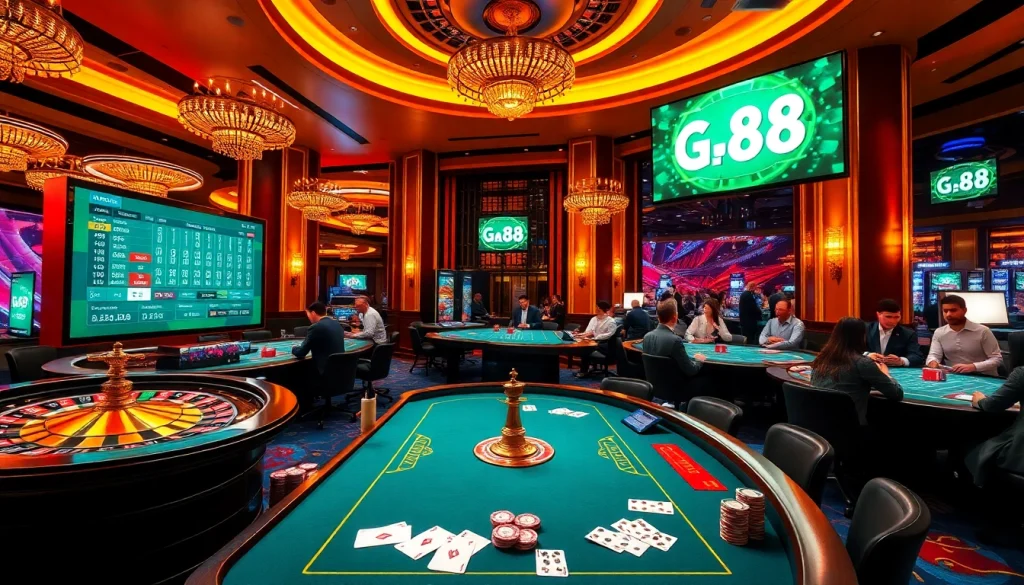 Casino players enjoying GA88 gaming experience with poker chips and roulette wheel.