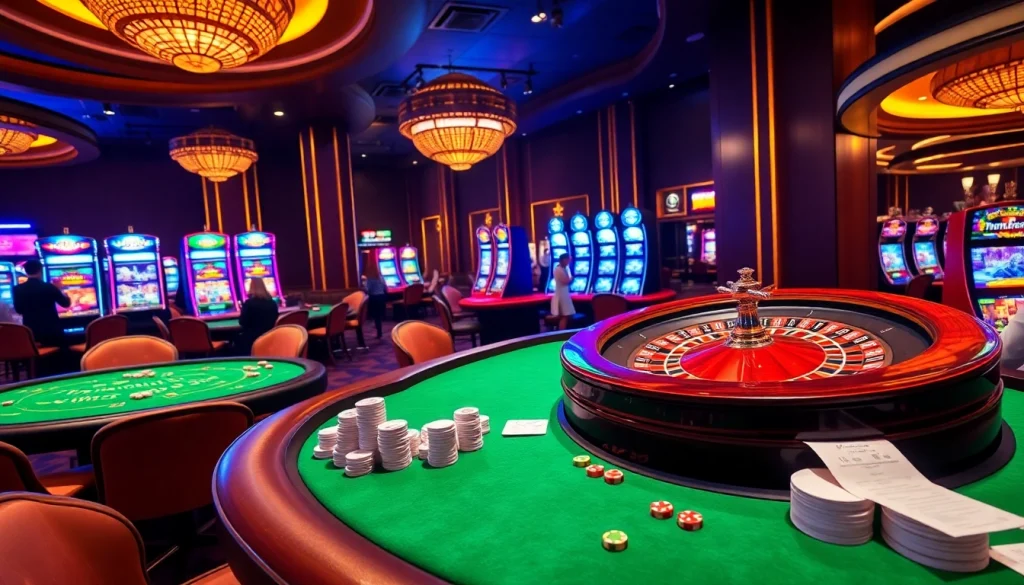 MM99 casino scene showcasing vibrant gambling activities with poker tables and slot machines.