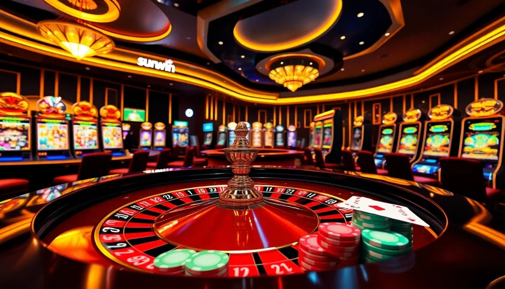 Engaging in thrilling games at the sunwin online casino featuring vibrant roulette and slot machines.