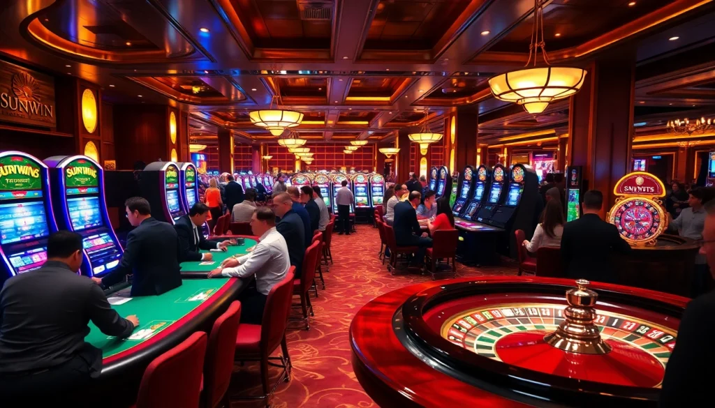 Players enjoying a thrilling game at sunwin casino, with vibrant slots and poker tables.