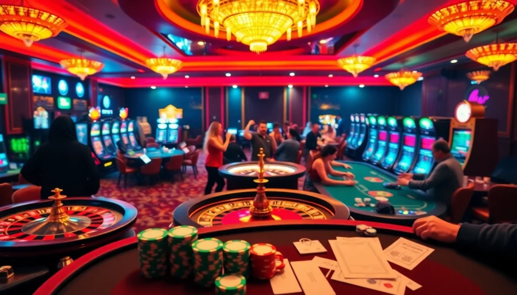 Players enjoy high-stakes action at CN3789's exciting casino tables with colorful chips.