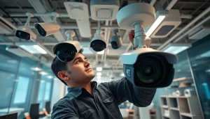 Soporte técnico en cámaras de seguridad proporcionado por un técnico profesional que instala sistemas de vigilancia en una oficina moderna.