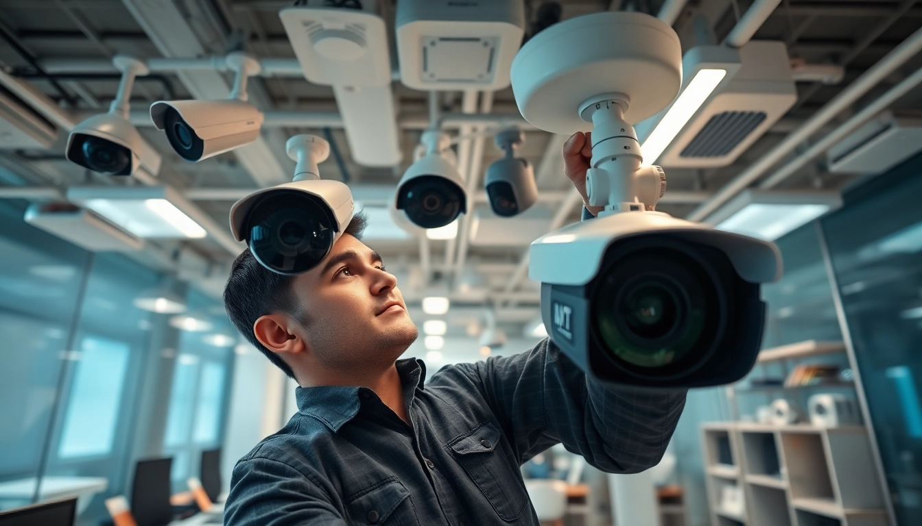 Soporte técnico en cámaras de seguridad proporcionado por un técnico profesional que instala sistemas de vigilancia en una oficina moderna.