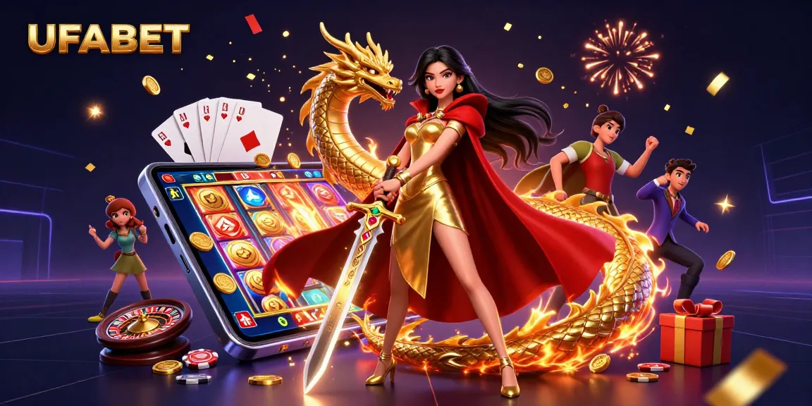 Engage in the excitement of UFABET with vibrant 3D casino elements depicting thrilling gameplay and golden rewards.